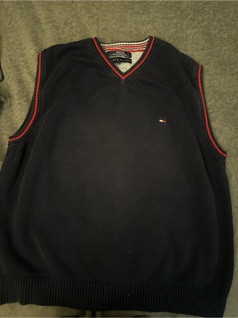 Tommy Hilfiger Navy V-Neck Sweater Vest with Red Trim